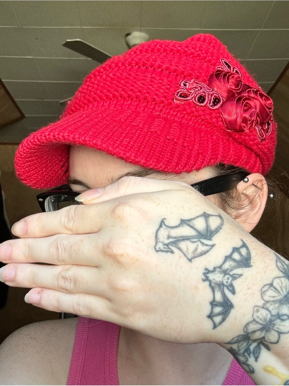C.C Exclusives Coquette Red Knit 3D Rose Embellished Appliqué Cap